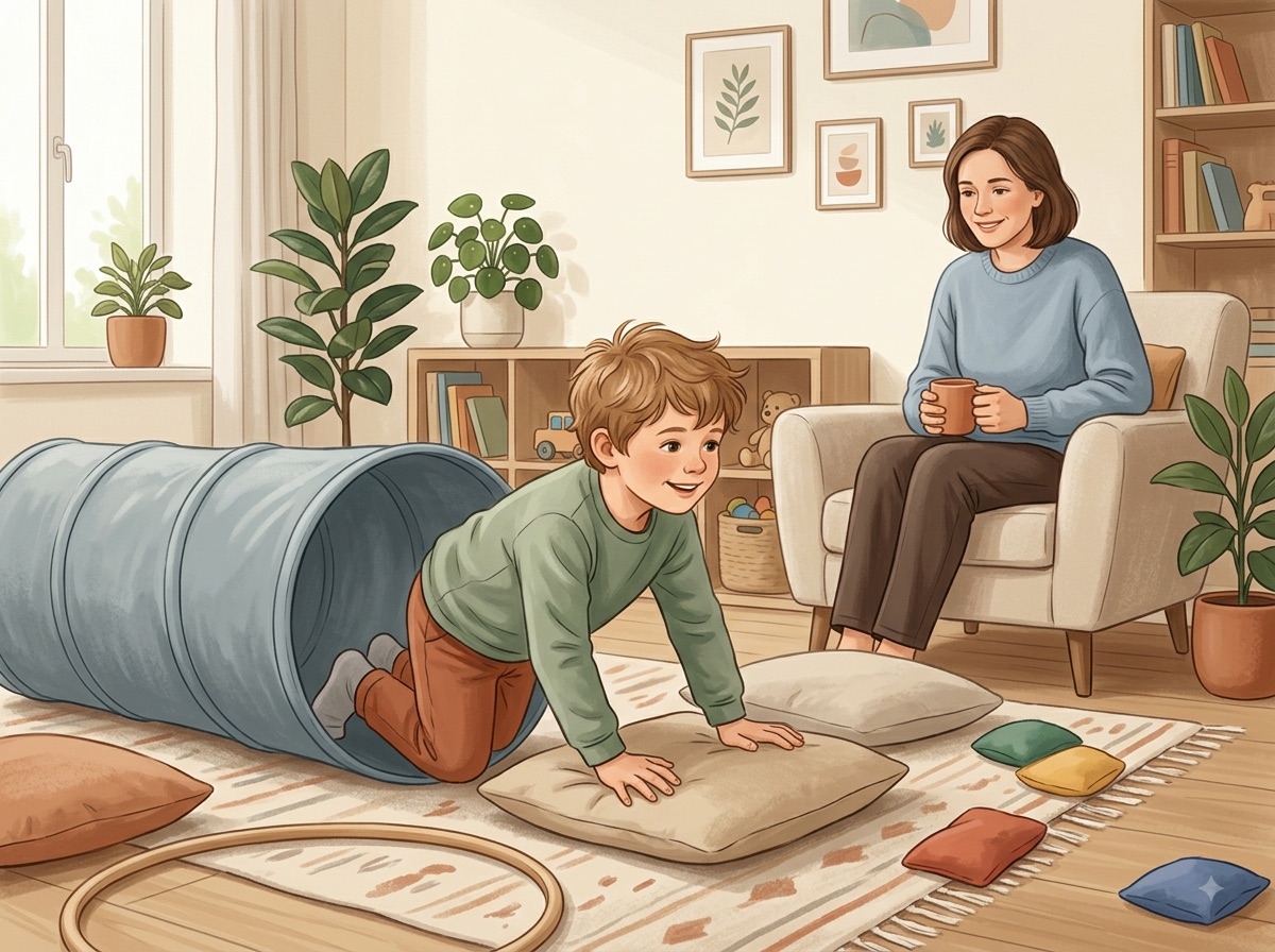 Un enfant traverse un parcours moteur avec un tunnel et des coussins sous le regard bienveillant d’un adulte